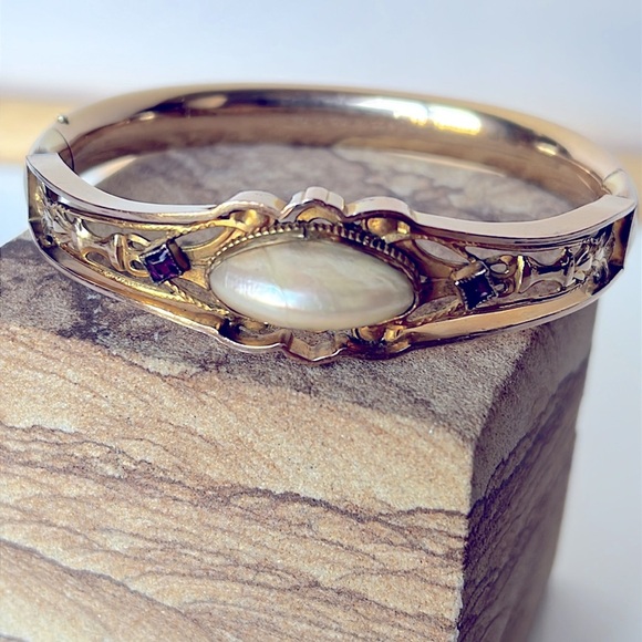 Antique Edwardian Gold Tone Glass Purple Pearl Stone Bangle Bracelet S.O.B & CO - Picture 2 of 15